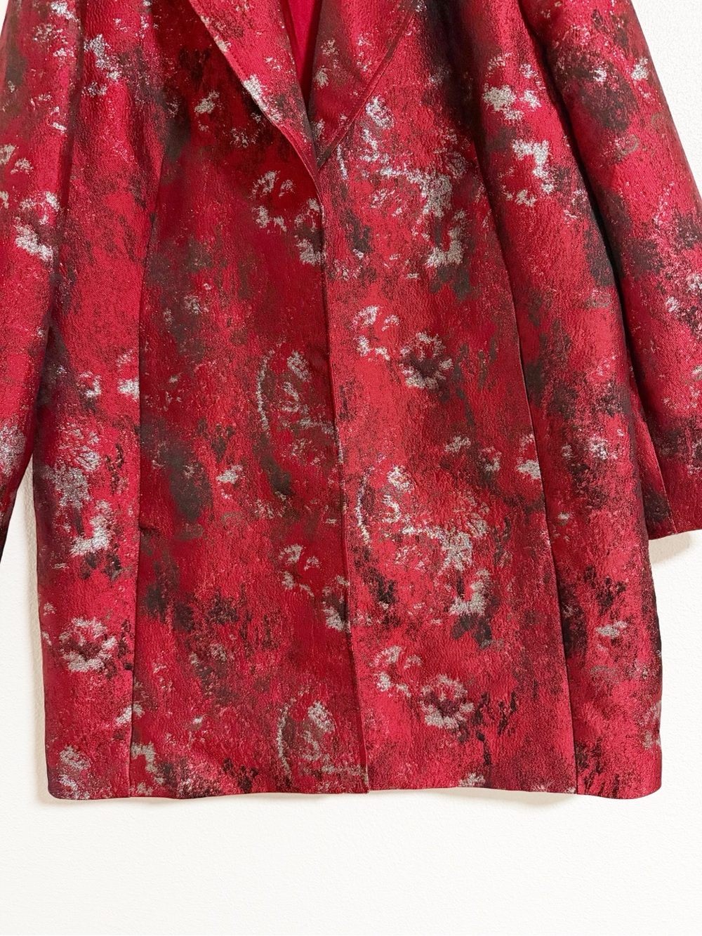 Chicos Metallic Jacquard Topper Overcoat Red Size 16 - Picture 5 of 12